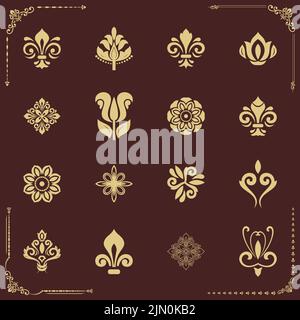 Vintage-Set aus Vektor-braunen und goldenen Elementen. Elemente für Hintergründe, Rahmen und Monogramme. Klassische Muster. Set von Vintage-Mustern Stock Vektor