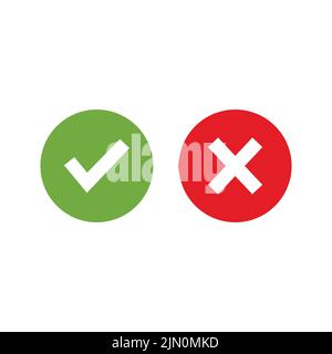 Überprüfen und falsche Markierungen. Vektorgrafik. Grünes Häkchen und Kreuz, im Kreis auf weißem Hintergrund. Stock Vektor