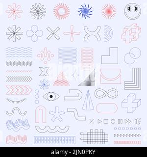 Eine Reihe von trendigen, minimalistischen linearen Symbolen und Formen für Webdesign, Poster, Kleidung, Flyer, Covers. Universelle Elemente in Vaporwave und Brutalismus Stock Vektor