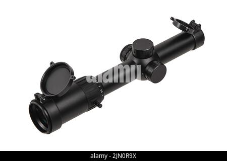 Optische Sicht für ein Scharfschützengewehr. Modernes Scharfschützenfernrohr auf weißem Hintergrund. Optisches Gerät zum Zielen und für Aufnahmen über große Distanzen. Stockfoto