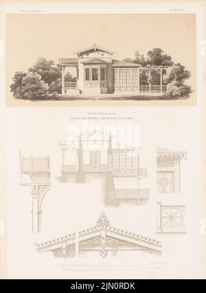 N.N., Badehaus im Park des Schlosses Albrechtsberg, Dresden. (Aus: Architectural Sketchbook, H. 30, 1857.) (1857-1857): Ansicht, Querschnitt, Details. Lithographie auf Papier, 66,6 x 49 cm (inklusive Scan-Kanten) Lohse Adolf (1807-1867): Badehaus im Park des Schlosses Albrechtsberg, Dresden-Loschwitz. (Aus: Architektonisches Skizzenbuch, H. 30, 1857) Stockfoto