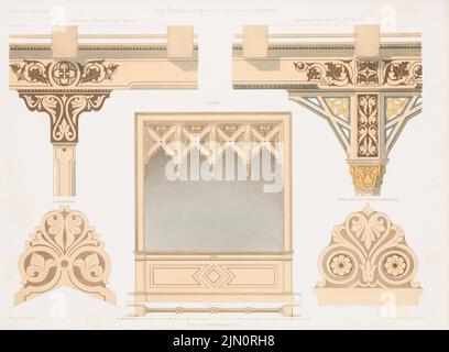 Römer Eduard (1814-1895), Inneneinrichtung der Warteräume des Bahnhofs Küstrin. (Aus: Architectural Sketchbook, H. 38, 1858.) (1858-1858): Details. Lithographie auf Papier, 24,5 x 33,4 cm (inklusive Scankanten) Römer Eduard (1814-1895): Innendekoration der Wartesäle des Bahnhofs, Küstrin. (Aus: Architektonisches Skizzenbuch, H. 38, 1858) Stockfoto