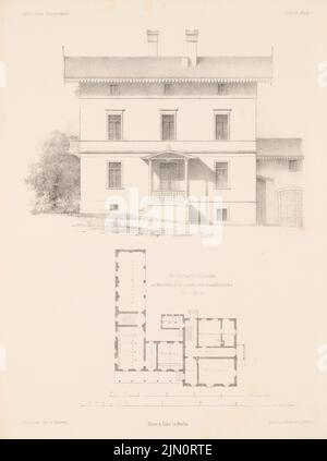 Lohse Adolf (1807-1867), Hofgebäude auf dem ehemaligen Hegewald-Grundstück, Dresden. (Aus: Architectural Sketchbook, H. 9, 1853.) (1853-1853): Grundriß, Aussicht. Lithographie auf Papier, 33,1 x 24,7 cm (inklusive Scankanten) Lohse Adolf (1807-1867): Wirtschaftsgebäude auf den ehem. Hegewaldschen Grundstück, Dresden. (Aus: Architektonisches Skizzenbuch, H. 9, 1853) Stockfoto