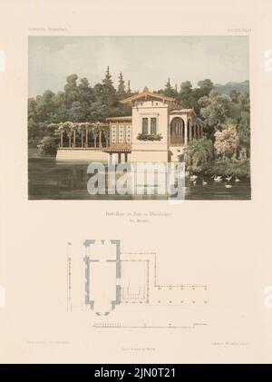 Lohse Adolf (1807-1867), Badehaus im Park Albrechtsberg, Dresden. (Aus: Architectural Sketchbook, H. 18, 1854.) (1854-1854): Grundriß, perspektivische Ansicht. Lithographie auf Papier, 33 x 24,7 cm (inklusive Scan-Kanten) Lohse Adolf (1807-1867): Badehaus im Park des Schlosses Albrechtsberg, Dresden-Loschwitz. (Aus: Architektonisches Skizzenbuch, H. 18, 1854) Stockfoto