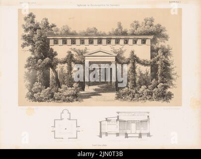 Persius Ludwig (1803-1845), Impluvium im Paradiesgarten bei Sanssouci, Potsdam. (Aus: Architectural Sketchbook, H. 18, 1854.) (1854-1854): Grundriß, Aussicht, Querschnitt. Lithographie auf Papier, 24,5 x 33,1 cm (inklusive Scankanten) Persius Ludwig (1803-1845): Impluvium im Paradiesgärtlein bei Sanssouci, Potsdam. (Aus: Architektonisches Skizzenbuch, H. 18, 1854) Stockfoto