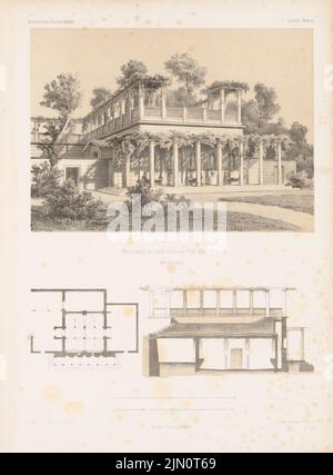 Lohse Adolf (1807-1867), Pferdestall mit Belvedere im Park Albrechtsberg, Dresden. (Aus: Architectural Sketchbook, H. 20, 1855.) (1855-1855): Grundriß, Perspektivansicht, Schnitt. Lithographie auf Papier, 33,1 x 24,4 cm (inklusive Scankanten) Lohse Adolf (1807-1867): Pferdestall mit Belvedere im Park Albrechtsberg, Dresden-Loschwitz. (Aus: Architektonisches Skizzenbuch, H. 20, 1855) Stockfoto