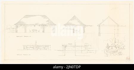 N.N., Gartenhaus mit Brunnen (ohne Datum): Ansichten, geschnittenes Gartenhaus 1:50, Perspektivansicht Brunnen, Ansicht, geschnittener Brunnen 1:20. Leichter Bruch auf Papier, 38,5 x 80,7 cm (einschließlich Scankanten) N.N. : Gartenhaus mit Brunnen Stockfoto