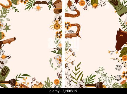 Wild West mit Pferdekopf, Spielkarten, mystischer Schlange, Cowboyhut, Kaktus und anderen. Combo Western Karten für Ihren Urlaub. Weiter Old West im flachen Stil. Vektorgrafik Stock Vektor