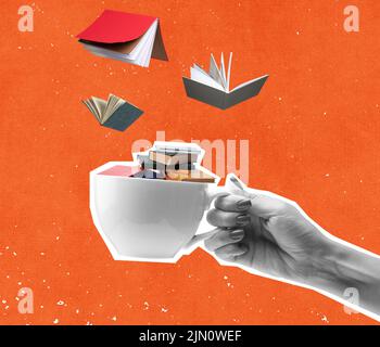 Studieren, Selbstentwicklung. Hände ästhetisch auf hellem Hintergrund, Kunstwerk. Konzept der menschlichen Beziehung, Gemeinschaft, Symbolik, Surrealismus. Stockfoto