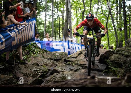 Filippo Colombo aus der Schweiz im Einsatz beim Mercedes Benz UCI Mountain Bike World Cup in Mont-Sainte-Anne, Kanada, 7. August 2022. (CTK-Foto/ Stockfoto