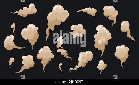 Cartoon Rauch- und Staubwolken setzen ein. Staubige Partikel isoliert. Trockener Sand fliegt. Vektorgrafik Stock Vektor