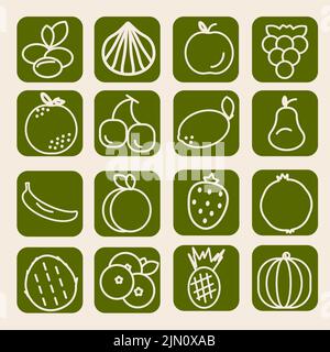 Obst-Symbole gesetzt, Vektor-Illustration. Fruit Outlines Kollektion, moderne Beige- und Grüntöne. Gesunde Ernährung Konzept. Stock Vektor