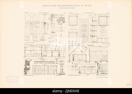 Neumann Richard, Gehöft. Fachwerkscheune. Schaufenster, Ladenerweiterung (aus: königliche Bauschule in Poznan, Schülerzeichnungen) (1894): Ansichten, Schnitte, Grundrisse. Druck auf Karton, 31,8 x 48 cm (inklusive Scankanten) Neumann Richard : Gehöftanlage. Fachwerkscheune. Schaufensteranlage, Ladenausbau (Aus: Kgl. Baugewerkschule zu Posen, Schülerzeichnungen) Stockfoto