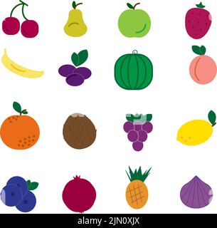 Obst bunte Symbole Set von sechzehn Früchten. Gesunde Ernährung Konzept. Vektorgrafik. Stock Vektor