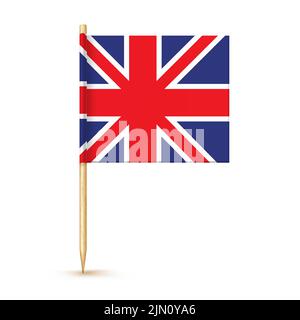 United Kindom Zahnstocherflagge isoliert auf Holzstab mit weißem Papier. Großbritannien realistische kleine Zahnstocher für das Mittagessen. Vektor-Cocktail-Dekoration Stock Vektor