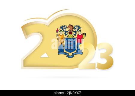 Jahr 2023 mit New Jersey Flaggenmuster. Vektorgrafik. Stock Vektor