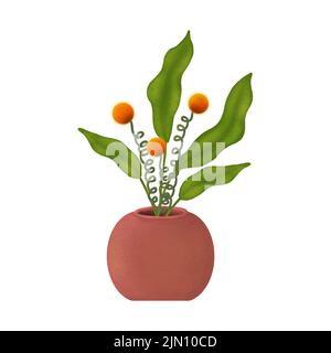 Blumentopf. Grafische Darstellung einer Zimmerpflanze mit gelben runden flauschigen Blüten. Blühende Zimmerpflanze in einem Keramiktopf. Blumentopf-Symbol. Von Hand gezeichnet Stockfoto