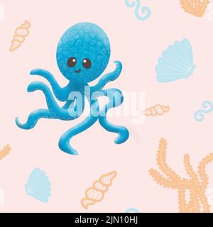 Nahtloses Muster mit Oktopus und Muscheln. Grafische Abbildung. Muster mit einem niedlichen Oktopus mit einem Lächeln. Kinderdesign für Kleidung, Notebooks. Stockfoto