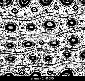 Trippiges Boho-geometrisches Muster mit Linien, Wellen und Kreisen. Schwarz-weißer Doodle-Hintergrund. Monochromer Linienkulisse Stock Vektor