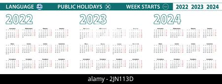 Einfache Kalendervorlage auf Griechisch für 2022, 2023, 2024 Jahre. Die Woche beginnt ab Montag. Vektorgrafik. Stock Vektor