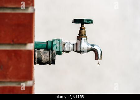 Garten-Gartenhahn im Garten mit Wassertropfen, selektiver Fokus Stockfoto