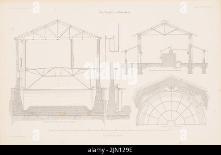 Von Unruh, Gasanstalt, Magdeburg. (Aus: Atlas zur Zeitschrift für Bauwesen, hrsg. v. G. Erbkam, Jg. 4, 1854.) (1854-1854): Grundriß, Cut Gasometer, Cut Verbrennungsgebäude. Stich auf Papier, 28,1 x 42,7 cm (inklusive Scan-Kanten) von Unruh : Gasanstalt, Magdeburg. (Aus: Atlas zur Zeitschrift für Bauwesen, hrsg. v. G. Erbkam, Jg. 4, 1854) Stockfoto