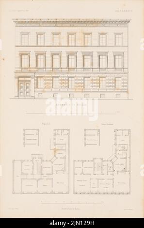 Adler Friedrich (1827-1908), Wohnhaus, Berlin. (Aus: Atlas zur Zeitschrift für Bauwesen, hrsg. v. G. Erbkam, Jg. 4, 1854.) (1854-1854): Grundriss EG, 1.. Stock, Aussicht. Stich auf Papier, 43,2 x 28,5 cm (inklusive Scan-Kanten) Adler Friedrich (1827-1908): Wohnhaus, Berlin. (Aus: Atlas zur Zeitschrift für Bauwesen, hrsg. v. G. Erbkam, Jg. 4, 1854) Stockfoto