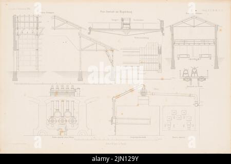 Von Unruh, Gasanstalt, Magdeburg. (Aus: Atlas zur Zeitschrift für Bauwesen, hrsg. v. G. Erbkam, Jg. 4, 1854.) (1854-1854): Ofen ansehen, schneidet Ofen, Gebäude reinigen, Kohlewaagen. Stich auf Papier, 28,6 x 43 cm (inklusive Scan-Kanten) von Unruh : Gasanstalt, Magdeburg. (Aus: Atlas zur Zeitschrift für Bauwesen, hrsg. v. G. Erbkam, Jg. 4, 1854) Stockfoto