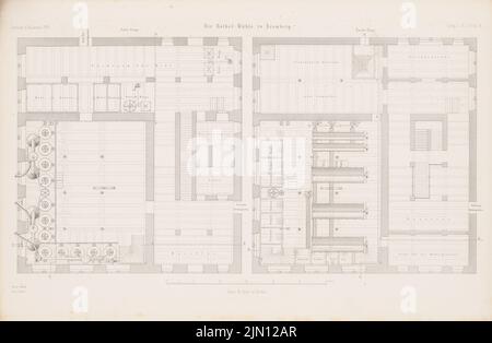 Wulff, Rother-Mühle, Bromberg. (Aus: Atlas zur Zeitschrift für Bauwesen, hrsg. v. G. Erbkam, Jg. 5, 1855.) (1855-1855): Grundriss 1.. Stock, 2.. Stock. Stich auf Papier, 29,4 x 45 cm (inklusive Scan-Kanten) Wulff : Rother-Mühle, Bromberg. (Aus: Atlas zur Zeitschrift für Bauwesen, hrsg. v. G. Erbkam, Jg. 5, 1855) Stockfoto