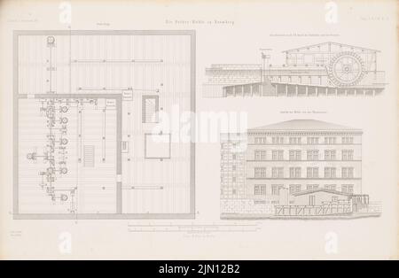 Wulff, Rother-Mühle, Bromberg. (Aus: Atlas zur Zeitschrift für Bauwesen, hrsg. v. G. Erbkam, Jg. 5, 1855.) (1855-1855): Grundrissdach, Blick von der Wasserseite, Schnitt C D. Stich auf Papier, 29,5 x 45,1 cm (inklusive Scankanten) Wulff : Rother-Mühle, Bromberg. (Aus: Atlas zur Zeitschrift für Bauwesen, hrsg. v. G. Erbkam, Jg. 5, 1855) Stockfoto