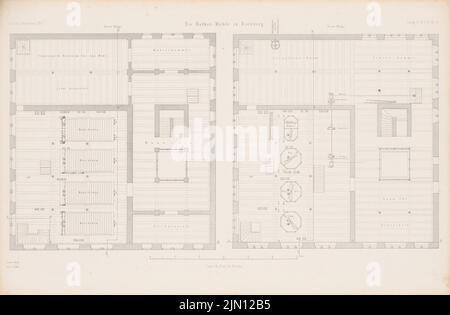 Wulff, Rother-Mühle, Bromberg. (Aus: Atlas zur Zeitschrift für Bauwesen, hrsg. v. G. Erbkam, Jg. 5, 1855.) (1855-1855): Grundriss 3., 4.. Stock. Stich auf Papier, 29,5 x 45 cm (inklusive Scan-Kanten) Wulff : Rother-Mühle, Bromberg. (Aus: Atlas zur Zeitschrift für Bauwesen, hrsg. v. G. Erbkam, Jg. 5, 1855) Stockfoto