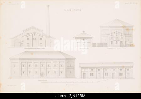 Von Unruh, Gasanstalt, Magdeburg. (Aus: Atlas zur Zeitschrift für Bauwesen, hrsg. v. G. Erbkam, Jg. 4, 1854.) (1854-1854): Blick auf das Feuerungsgebäude, Reinigungsgebäude, Gasometer. Stich auf Papier, 28,3 x 43 cm (inklusive Scan-Kanten) von Unruh : Gasanstalt, Magdeburg. (Aus: Atlas zur Zeitschrift für Bauwesen, hrsg. v. G. Erbkam, Jg. 4, 1854) Stockfoto