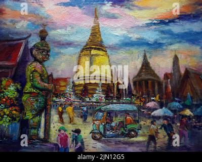 Kunst Ölgemälde Grand Palace bangkok Thailand , Ramayana Geschichte , Wat phra keaw , Emerald Buddha Stockfoto