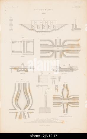 Steinbrück, Boker-Heide-Kanal. (Aus: Atlas zur Zeitschrift für Bauwesen, hrsg. v. G. Erbkam, Jg. 6, 1856.) (1856-1856): Lageplan, Lageplan, Ansicht, Schnitte, Details Aquädukt, Lagepläne Schleusenbassin, Strich Blatt, Details. Stich auf Papier, 45,1 x 29,6 cm (inklusive Scan-Kanten) Steinbrück : Boker-Heide-Kanal. (Aus: Atlas zur Zeitschrift für Bauwesen, hrsg. v. G. Erbkam, Jg. 6, 1856) Stockfoto