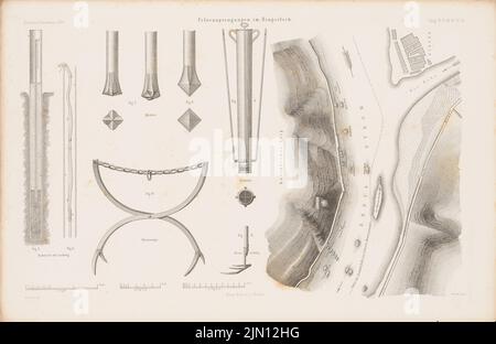 Cremer Albert Friedrich (1824-1891), Felsstrahlen, Binger Loch. (Aus: Atlas zur Zeitschrift für Bauwesen, hrsg. v. G. Erbkam, Jg. 6, 1856.) (1856-1856): Abteilung, Details. Stich auf Papier, 29,6 x 45,6 cm (inklusive Scan-Kanten) Cremer Albert Friedrich (1824-1891): Felsenspringungen, Binger Loch, Bingen. (Aus: Atlas zur Zeitschrift für Bauwesen, hrsg. v. G. Erbkam, Jg. 6, 1856) Stockfoto