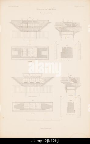 Steinbrück, Boker-Heide-Kanal. (Aus: Atlas zur Zeitschrift für Bauwesen, hrsg. v. G. Erbkam, Jg. 6, 1856.) (1856-1856): Grundrisse, Ansichten, Querschnitte, Details des Dash-Saus und der Brücke. Stich auf Papier, 45 x 29,5 cm (inklusive Scan-Kanten) Steinbrück : Boker-Heide-Kanal. (Aus: Atlas zur Zeitschrift für Bauwesen, hrsg. v. G. Erbkam, Jg. 6, 1856) Stockfoto