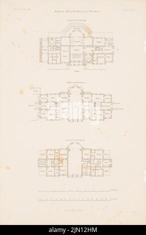 Lohse Adolf (1807-1867), Schloss Albrechtsberg, Dresden. (Aus: Atlas zur Zeitschrift für Bauwesen, hrsg. v. G. Erbkam, Jg. 6, 1856.) (1856-1856): Grundriss 1., 2. so 3., 3. Stich auf Papier, 44,6 x 28,9 cm (inklusive Scankanten) Lohse Adolf (1807-1867): Schloss Albrechtsberg, Dresden-Loschwitz. (Aus: Atlas zur Zeitschrift für Bauwesen, hrsg. v. G. Erbkam, Jg. 6, 1856) Stockfoto