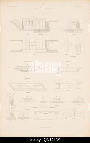 Steinbrück, Boker-Heide-Kanal. (Aus: Atlas zur Zeitschrift für Bauwesen, hrsg. v. G. Erbkam, Jg. 6, 1856.) (1856-1856): Grundrisse, Ansichten, Schnitte, Details Eingangsschloss, joch-Brücke und schiefe Brücke. Stich auf Papier, 44,9 x 29,4 cm (inklusive Scan-Kanten) Steinbrück : Boker-Heide-Kanal. (Aus: Atlas zur Zeitschrift für Bauwesen, hrsg. v. G. Erbkam, Jg. 6, 1856) Stockfoto