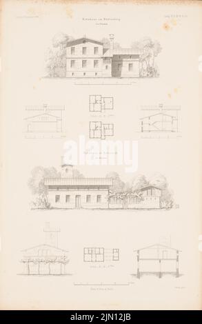 N.N., Mühlenberg Wohngebäude, Potsdam. Bornstedt Wohnhaus, Potsdam. (Aus: Atlas zur Zeitschrift für Bauwesen, hrsg. v. G. Erbkam, Jg. 6, 1856.) (1856-1856): Grundriß, Ansicht, Seitenansicht, Querschnitt Mühlenberg, Grundriß, Ansicht, Seitenansicht, Querschnitt Bornstedt. Stich auf Papier, 45,3 x 29,5 cm (inklusive Scan-Kanten) Persius Ludwig (1803-1845): Wohnhaus Mühlenberg, Potsdam. Wohnhaus Bornstedt, Potsdam. (Aus: Atlas zur Zeitschrift für Bauwesen, hrsg. v. G. Erbkam, Jg. 6, 1856) Stockfoto