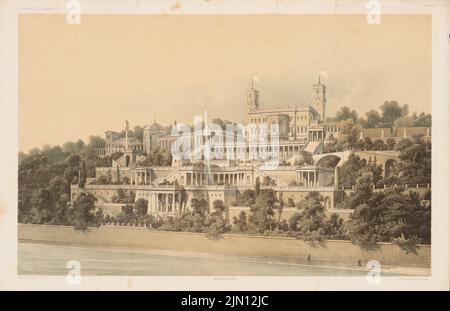 Lohse Adolf (1807-1867), Schloss Albrechtsberg, Dresden. (Aus: Atlas zur Zeitschrift für Bauwesen, hrsg. v. G. Erbkam, Jg. 6, 1856.) (1856-1856): Perspektivische Ansicht. Lithographie auf Papier, 29,4 x 45,5 cm (inklusive Scankanten) Lohse Adolf (1807-1867): Schloss Albrechtsberg, Dresden-Loschwitz. (Aus: Atlas zur Zeitschrift für Bauwesen, hrsg. v. G. Erbkam, Jg. 6, 1856) Stockfoto