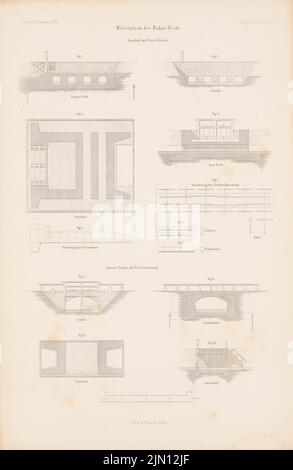 Steinbrück, Boker-Heide-Kanal. (Aus: Atlas zur Zeitschrift für Bauwesen, hrsg. v. G. Erbkam, Jg. 6, 1856.) (1856-1856): Grundrisse, Aussicht, Schnitte, Details Aquädukt mit einem Dashhouse und einer massiven Brücke mit einer Stauvorrichtung. Stich auf Papier, 44,9 x 29,2 cm (inklusive Scan-Kanten) Steinbrück : Boker-Heide-Kanal. (Aus: Atlas zur Zeitschrift für Bauwesen, hrsg. v. G. Erbkam, Jg. 6, 1856) Stockfoto