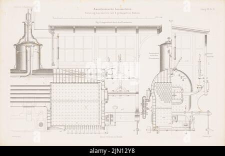 Bendel A., amerikanische Lokomotiven. (Aus: Atlas zur Zeitschrift für Bauwesen, hrsg. v. G. Erbkam, Jg. 12, 1862.) (1862-1862): Längs geschnittener, quergeschnittener Feuerwehrkasten. Stich auf Papier, 29,2 x 45,2 cm (inklusive Scankanten) Bendel A. : amerikanische Lokomotiven. (Aus: Atlas zur Zeitschrift für Bauwesen, hrsg. v. G. Erbkam, Jg. 12, 1862) Stockfoto