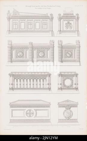 Eberhard Gustav (1805-1880), herzogliche Grabkapelle auf dem Friedhof, Coburg. (Aus: Atlas zur Zeitschrift für Bauen, Hrsg. v. G. Erbkam, geboren 12, 1862.) (1862-1862): Ansichten, Seitenansichten Sarkophage. Stich auf Papier, 45,6 x 29,3 cm (inklusive Scan-Kanten) Eberhard Gustav (1805-1880): Herzogliche Grabkapelle auf dem Friedhof, Coburg. (Aus: Atlas zur Zeitschrift für Bauwesen, hrsg. v. G. Erbkam, Jg. 12, 1862) Stockfoto