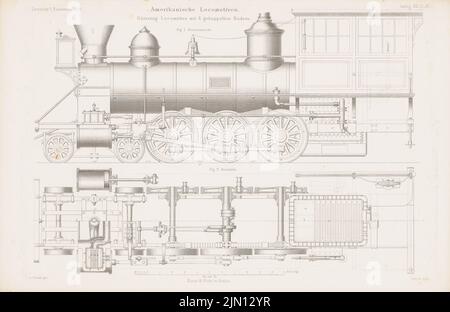 Bendel A., amerikanische Lokomotiven. (Aus: Atlas zur Zeitschrift für Bauwesen, hrsg. v. G. Erbkam, Jg. 12, 1862.) (1862-1862): Grundriß, Seitenansicht. Stich auf Papier, 29,2 x 45 cm (inklusive Scankanten) Bendel A. : amerikanische Lokomotiven. (Aus: Atlas zur Zeitschrift für Bauwesen, hrsg. v. G. Erbkam, Jg. 12, 1862) Stockfoto