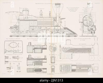 Bendel A., amerikanische Lokomotiven. (Aus: Atlas zur Zeitschrift für Bauwesen, hrsg. v. G. Erbkam, Jg. 12, 1862.) (1862-1862): Grundriß, Längsschnitte, Querschnitt, Details. Stich auf Papier, 44,8 x 59,3 cm (inklusive Scankanten) Bendel A. : amerikanische Lokomotiven. (Aus: Atlas zur Zeitschrift für Bauwesen, hrsg. v. G. Erbkam, Jg. 12, 1862) Stockfoto