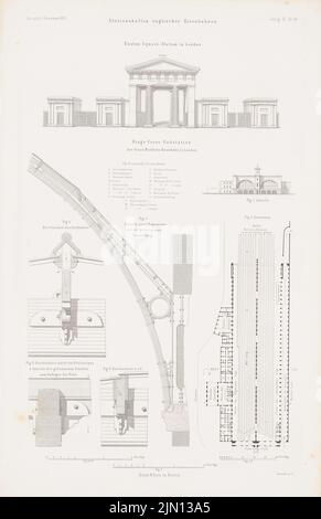 N.N., Euston-Square Station, London. Kings Cross Station, London. (Aus: Atlas zur Zeitschrift für Bauwesen, hrsg. v. G. Erbkam, Jg. 9, 1859.) (1859-1859): Blick Eusten-Platz, Grundriß, Aussicht, Details Kings-Cross. Stich auf Papier, 44,9 x 29 cm (einschließlich Scankanten) N.N. : Euston-Square-Station, London. Kings-Cross-Station, London. (Aus: Atlas zur Zeitschrift für Bauwesen, hrsg. v. G. Erbkam, Jg. 9, 1859) Stockfoto