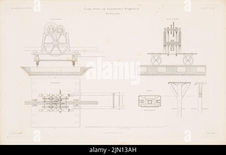 Schultz Hans, Koksöfen, Saarbrücken. (Aus: Atlas zur Zeitschrift für Bauwesen, hrsg. v. G. Erbkam, Jg. 8, 1858.) (1858-1858): Grundrisse, Ansichten, Detaildruckmaschinen. Stich auf Papier, 28,9 x 45 cm (inklusive Scan-Kanten) Schultz Hans : Koksöfen, Saarbrücken. (Aus: Atlas zur Zeitschrift für Bauwesen, hrsg. v. G. Erbkam, Jg. 8, 1858) Stockfoto