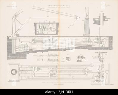 Armstrong, hydraulischer Kran in der Staatsbahn, Genua. (Aus: Atlas zur Zeitschrift für Bauen, Hrsg. v. G. Erbkam, geboren 11, 1861.) (1861-1861): Grundriß, Schnitt, Details. Stich auf Papier, 44,4 x 58,8 cm (inklusive Scan-Kanten) Armstrong William George (1810-1900): Hydraulischer Kran im Güterschuppen der Staatseisenbahn, Genua. (Aus: Atlas zur Zeitschrift für Bauwesen, hrsg. v. G. Erbkam, Jg. 11, 1861) Stockfoto