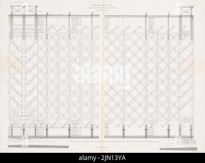 Lohse Adolf (1807-1867), Rheinbrücke, Köln. (Aus: Atlas zur Zeitschrift für Bauwesen, hrsg. v. G. Erbkam, Jg. 13, 1863): Längsschnitt des Oberbaus. Stich auf Papier, 44,2 x 59 cm (einschließlich Scankante). Architekturmuseum der Technischen Universität Berlin Inv. Nr. ZFB 13,037. Lohse Adolf (1807-1867): Rheinbrücke, Köln. (Aus: Atlas zur Zeitschrift für Bauwesen, hrsg. v. G. Erbkam, Jg. 13, 1863) Stockfoto