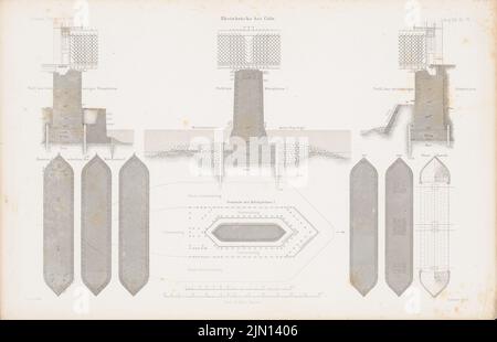 Lohse Adolf (1807-1867), Rheinbrücke, Köln. (Aus: Atlas zur Zeitschrift für Bauwesen, hrsg. v. G. Erbkam, Jg. 13, 1863.) (1863-1863): Grundrisse, Ansichten, Schnitte. Stich auf Papier, 29,3 x 45,4 cm (inklusive Scan-Kanten) Lohse Adolf (1807-1867): Rheinbrücke, Köln. (Aus: Atlas zur Zeitschrift für Bauwesen, hrsg. v. G. Erbkam, Jg. 13, 1863) Stockfoto